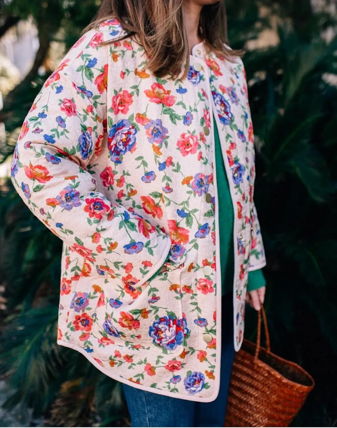Womens Quilted Puffer Jacket Lightweight Cropped Floral Print Winter Coat Padded Cardigan Trendy Puffy Jackets