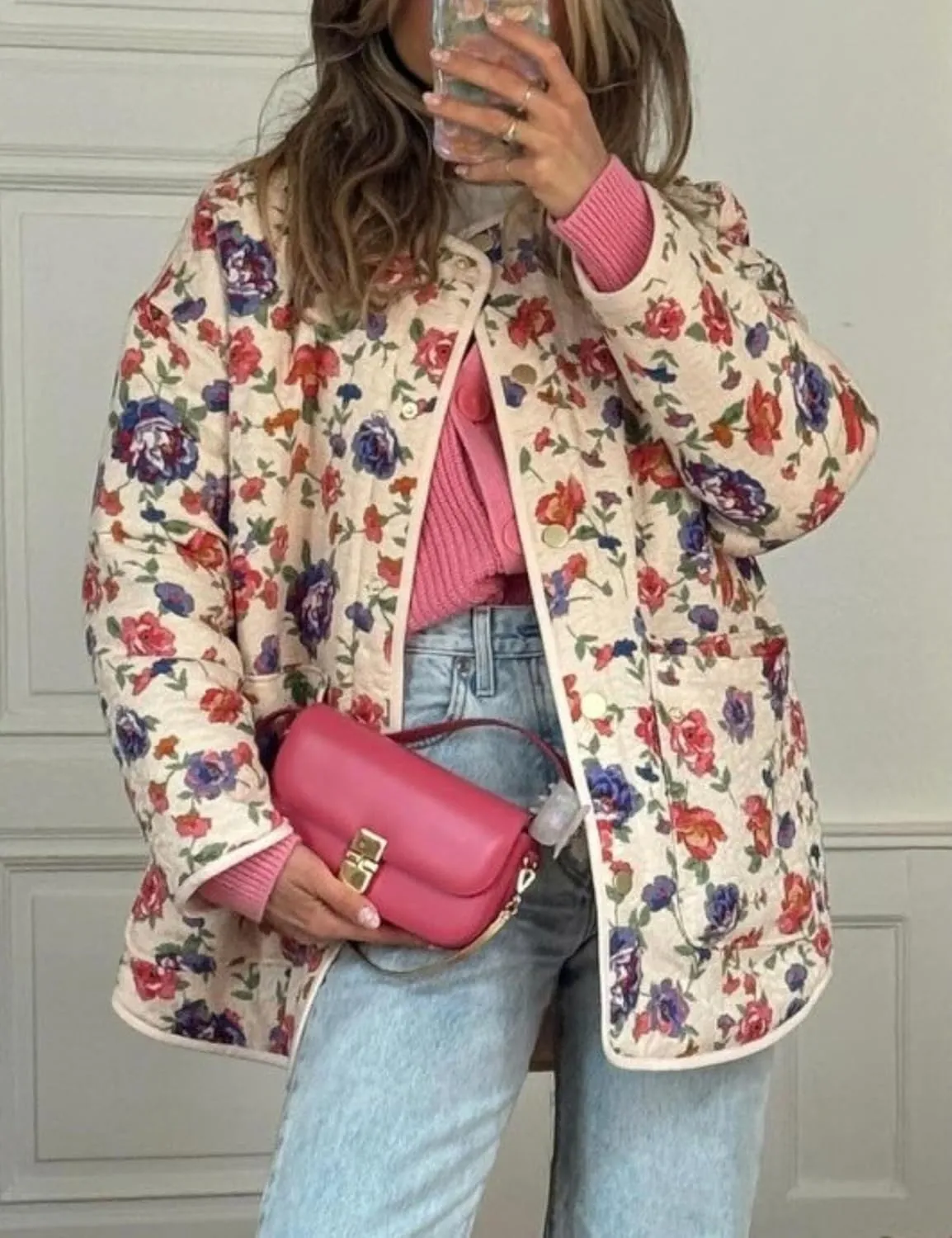 Womens Quilted Puffer Jacket Lightweight Cropped Floral Print Winter Coat Padded Cardigan Trendy Puffy Jackets