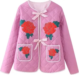 Womens Quilted Puffer Jacket Lightweight Cropped Floral Print Winter Coat Padded Cardigan Trendy Puffy Jackets