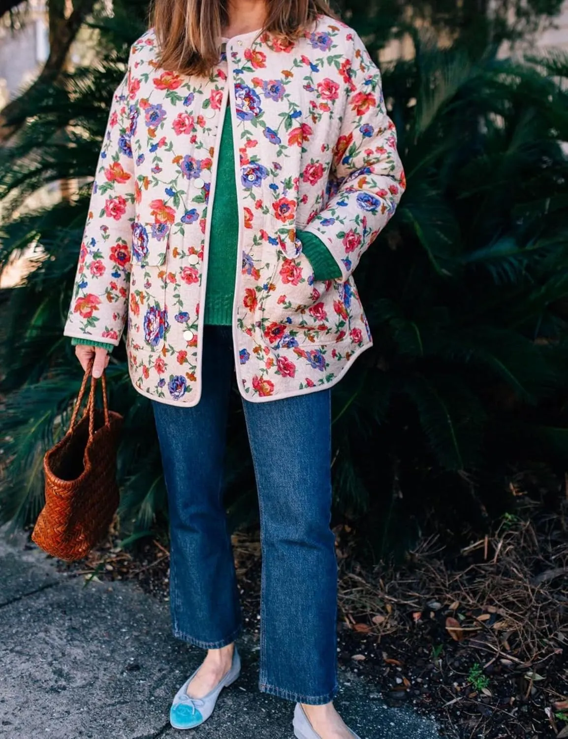 Womens Quilted Puffer Jacket Lightweight Cropped Floral Print Winter Coat Padded Cardigan Trendy Puffy Jackets