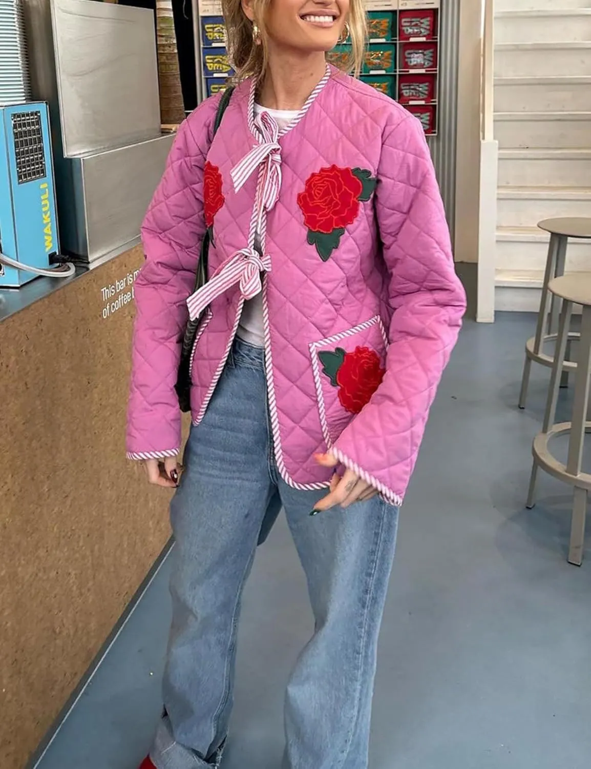 Womens Quilted Puffer Jacket Lightweight Cropped Floral Print Winter Coat Padded Cardigan Trendy Puffy Jackets