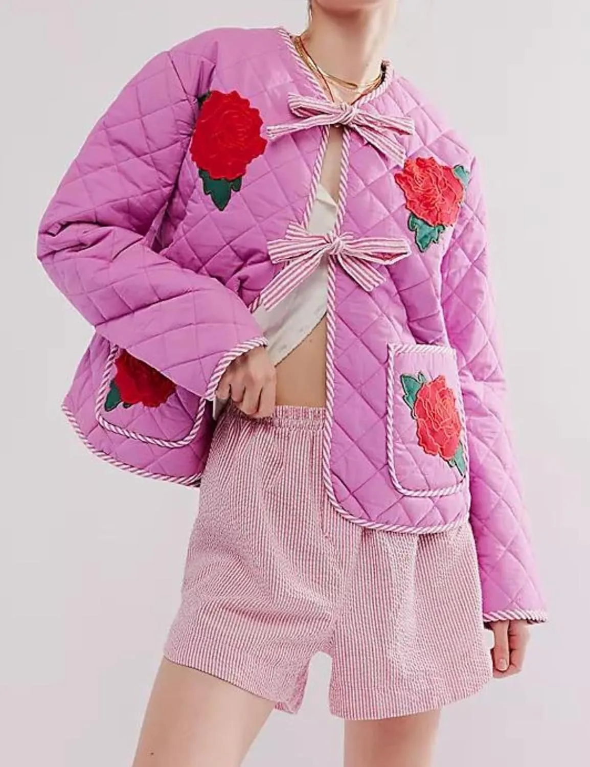 Womens Quilted Puffer Jacket Lightweight Cropped Floral Print Winter Coat Padded Cardigan Trendy Puffy Jackets