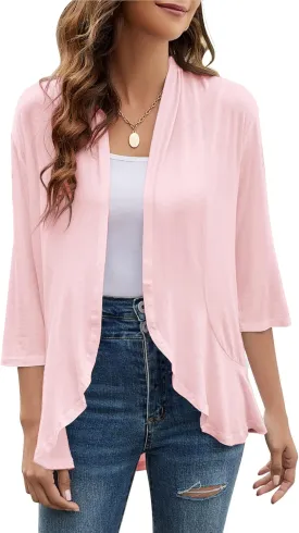 Yekaty Women Cardigan 3/4 Sleeves Open Front Lightweight Cardigan Draped Ruffles Knit Cardigan