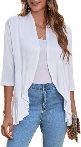 Zeagoo Women's Open Front Cardigan 3/4 Sleeve Draped Ruffles Soft Knit Sweaters S-3XL