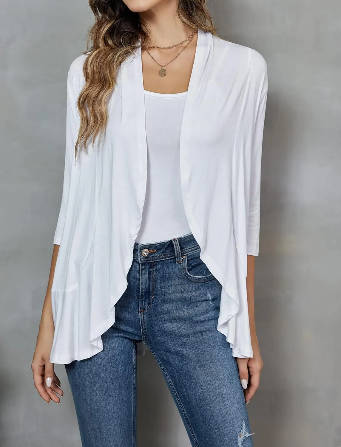 Zeagoo Women's Open Front Cardigan 3/4 Sleeve Draped Ruffles Soft Knit Sweaters S-3XL