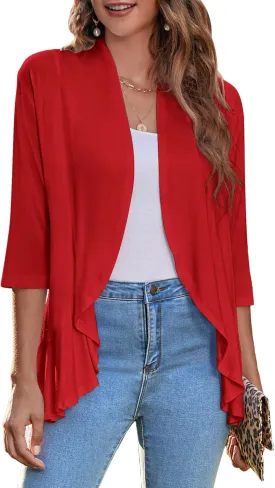 Zeagoo Women's Open Front Cardigan 3/4 Sleeve Draped Ruffles Soft Knit Sweaters S-3XL