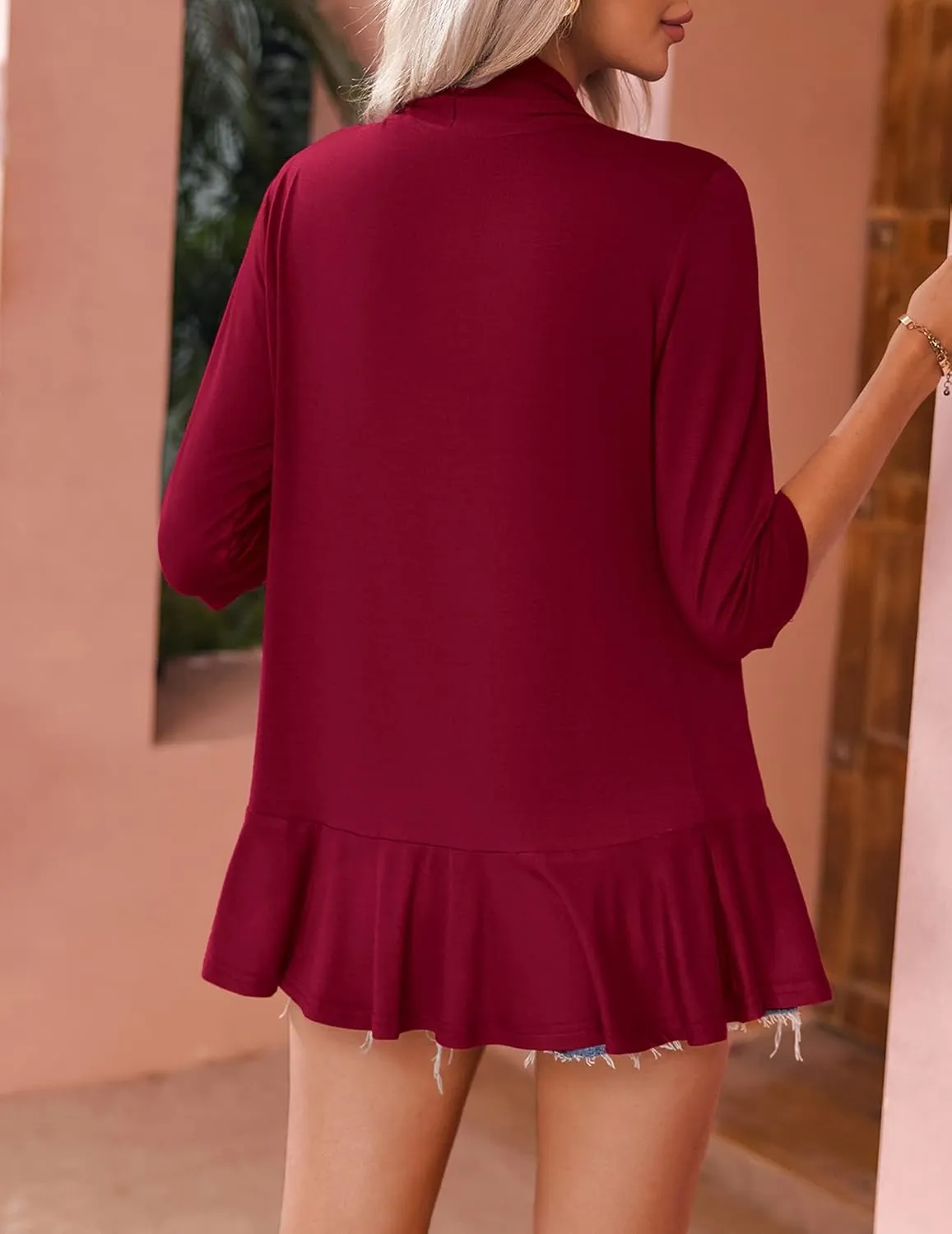 Zeagoo Women's Open Front Cardigan 3/4 Sleeve Draped Ruffles Soft Knit Sweaters S-3XL