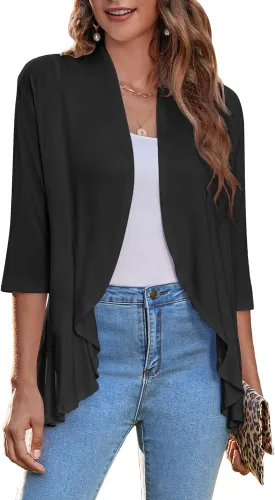 Zeagoo Women's Open Front Cardigan 3/4 Sleeve Draped Ruffles Soft Knit Sweaters S-3XL