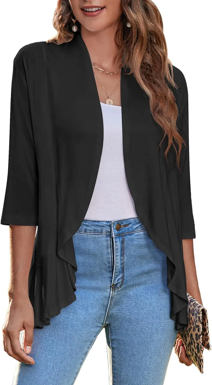 Zeagoo Women's Open Front Cardigan 3/4 Sleeve Draped Ruffles Soft Knit Sweaters S-3XL