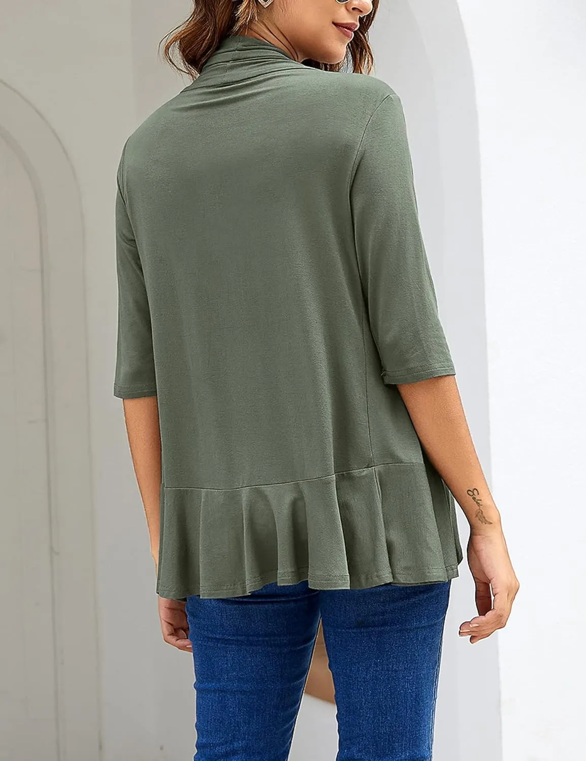 Zeagoo Women's Open Front Cardigan 3/4 Sleeve Draped Ruffles Soft Knit Sweaters S-3XL