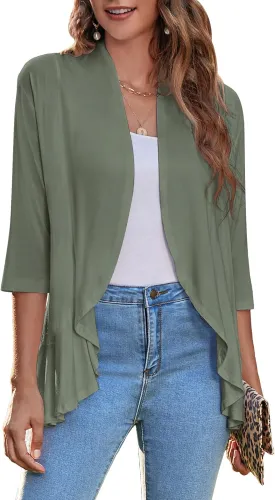 Zeagoo Women's Open Front Cardigan 3/4 Sleeve Draped Ruffles Soft Knit Sweaters S-3XL