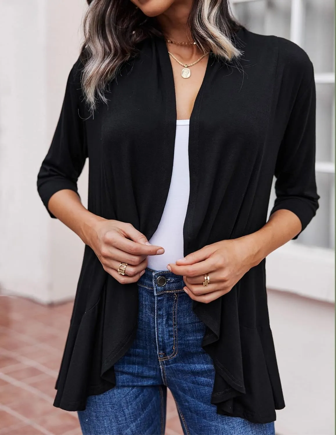 Zeagoo Women's Open Front Cardigan 3/4 Sleeve Draped Ruffles Soft Knit Sweaters S-3XL