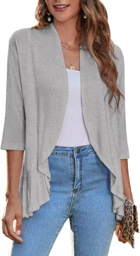 Zeagoo Women's Open Front Cardigan 3/4 Sleeve Draped Ruffles Soft Knit Sweaters S-3XL