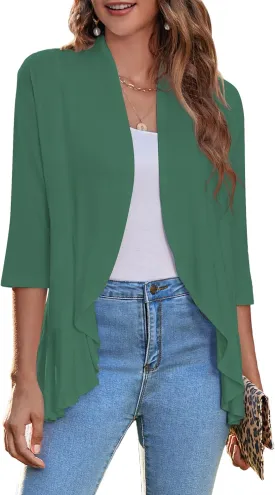 Zeagoo Women's Open Front Cardigan 3/4 Sleeve Draped Ruffles Soft Knit Sweaters S-3XL
